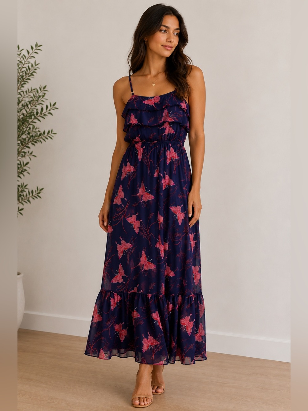 Express Navy Maxi Dress with Pink Butterfly Print